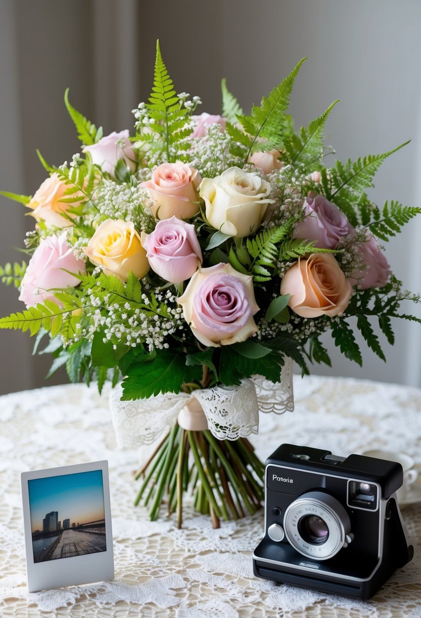 A vibrant bouquet of pastel-colored roses, baby's breath, and ferns, wrapped in lace ribbon, sits on a lace tablecloth next to a vintage Polaroid camera