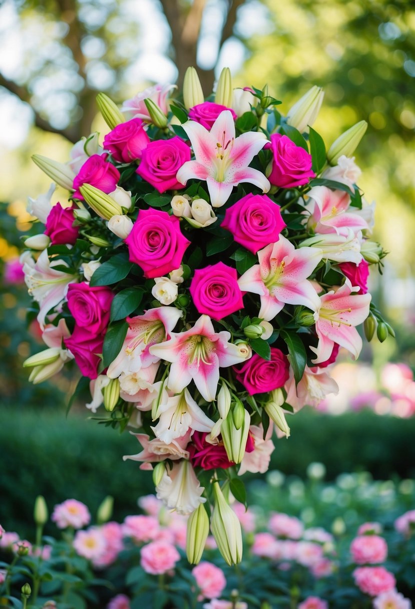 A vibrant cascade of garden roses and lilies in a retro 80s wedding bouquet