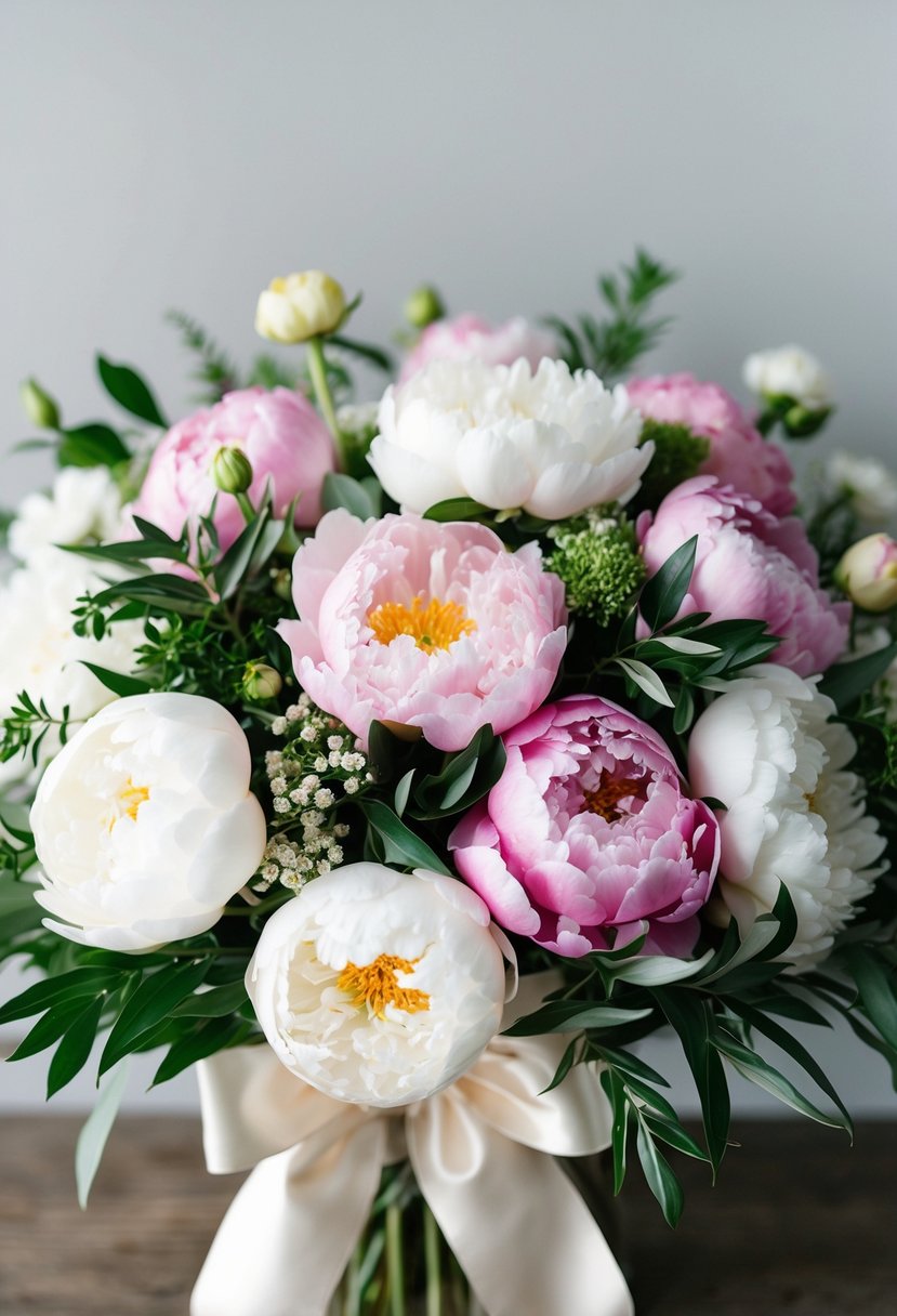 A lush bouquet of classic peonies in soft pinks and whites, accented with greenery and tied with a satin ribbon