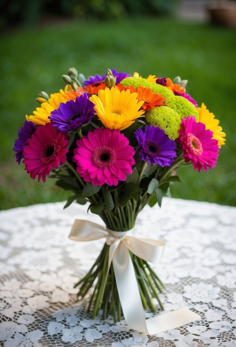 A bouquet of colorful flowers tied with a satin ribbon, resting on a lace tablecloth