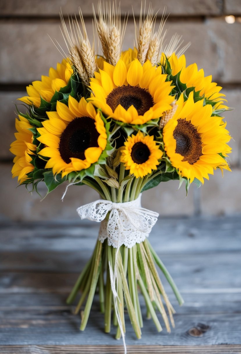 A rustic bouquet of sunflowers and wheat tied with lace