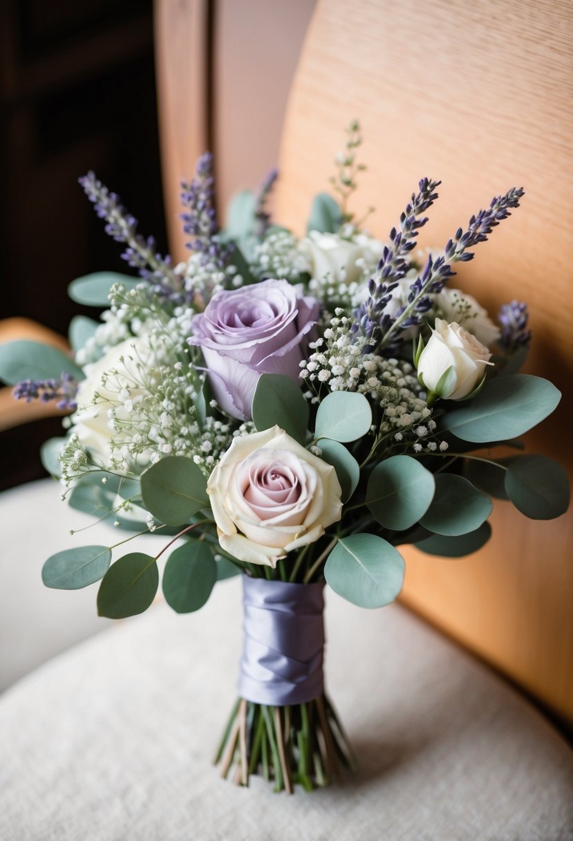 A delicate lavender wedding bouquet with roses, eucalyptus, and baby's breath