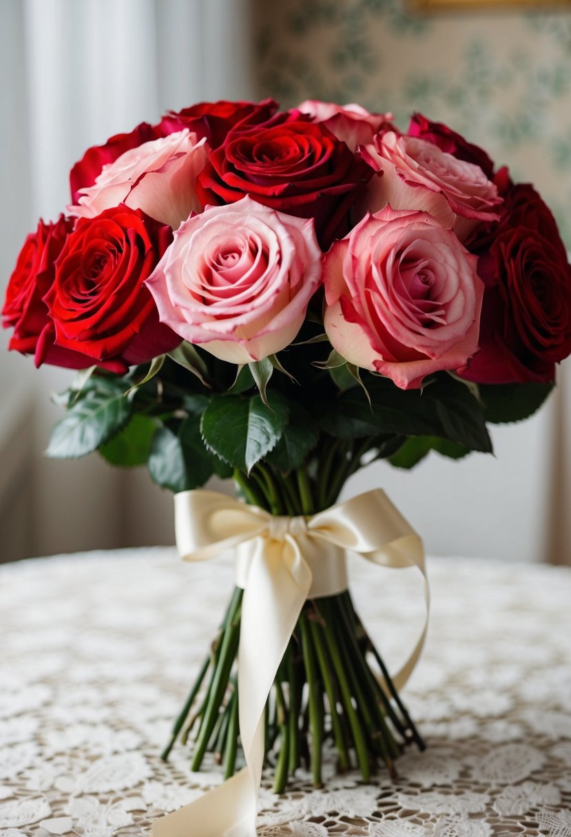 A vintage-inspired bouquet of red and pink roses, tied with a satin ribbon, sits on a lace tablecloth