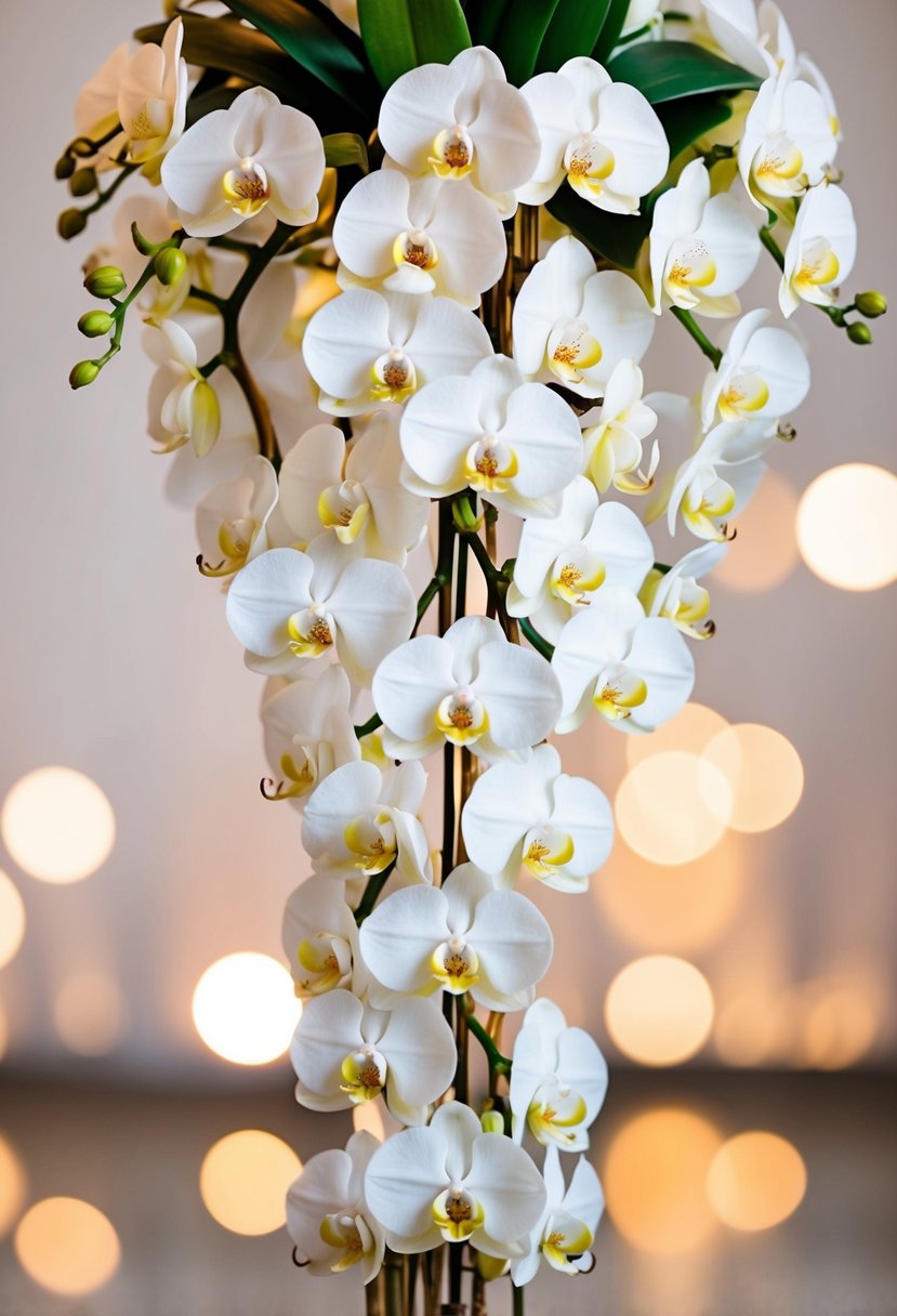 A cascading bouquet of elegant white orchids with 80s-inspired accents