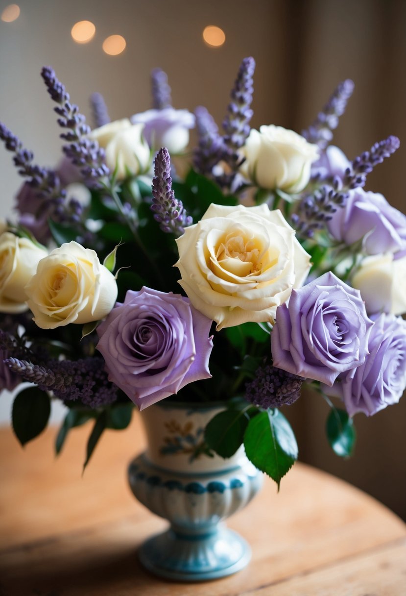 A delicate bouquet of lavender and cream roses arranged in a vintage-inspired vase