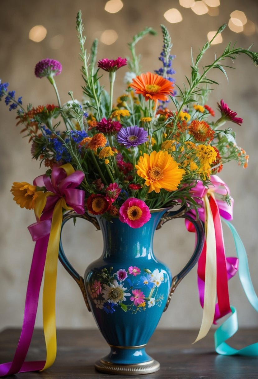 A colorful mix of wildflowers and flowing ribbons in a vintage vase