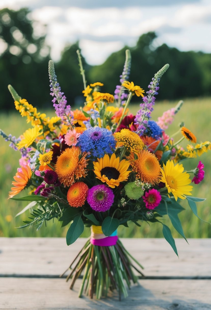 A colorful mix of wildflowers arranged in a vibrant 80s-inspired wedding bouquet