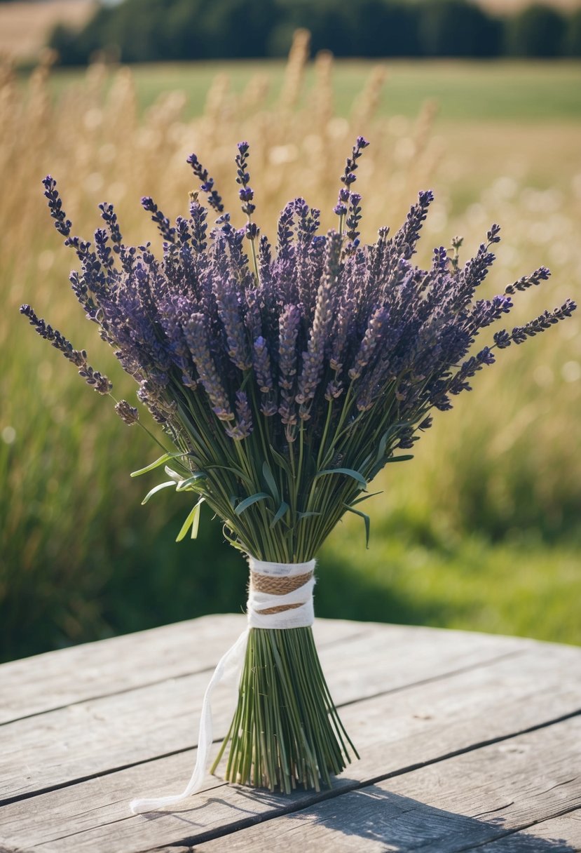 A rustic lavender and wheat bouquet sits on a weathered wooden table, surrounded by soft natural light and a serene countryside backdrop