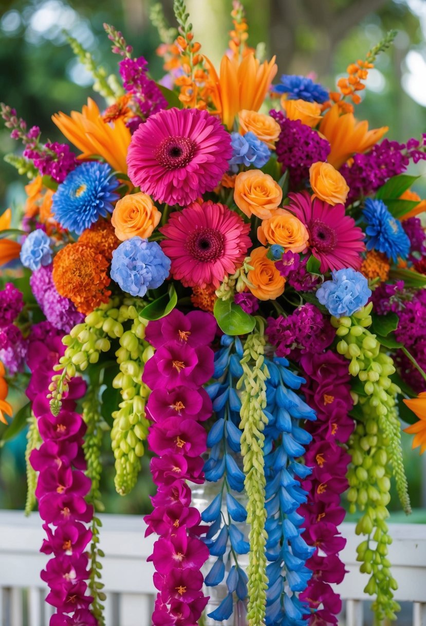 A lush bouquet of vibrant, cascading flowers in retro 60s colors and styles