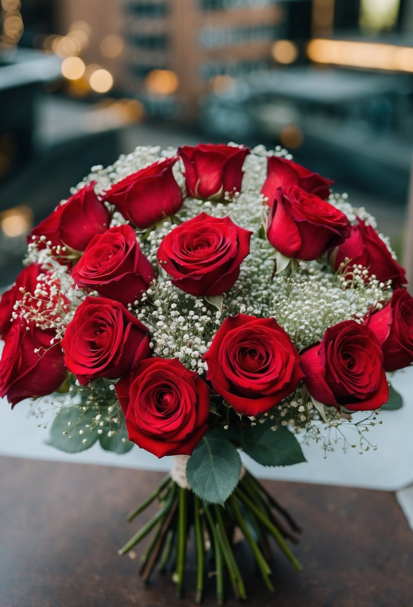 A lush bouquet of red roses and delicate baby's breath, arranged in a vintage 80s style