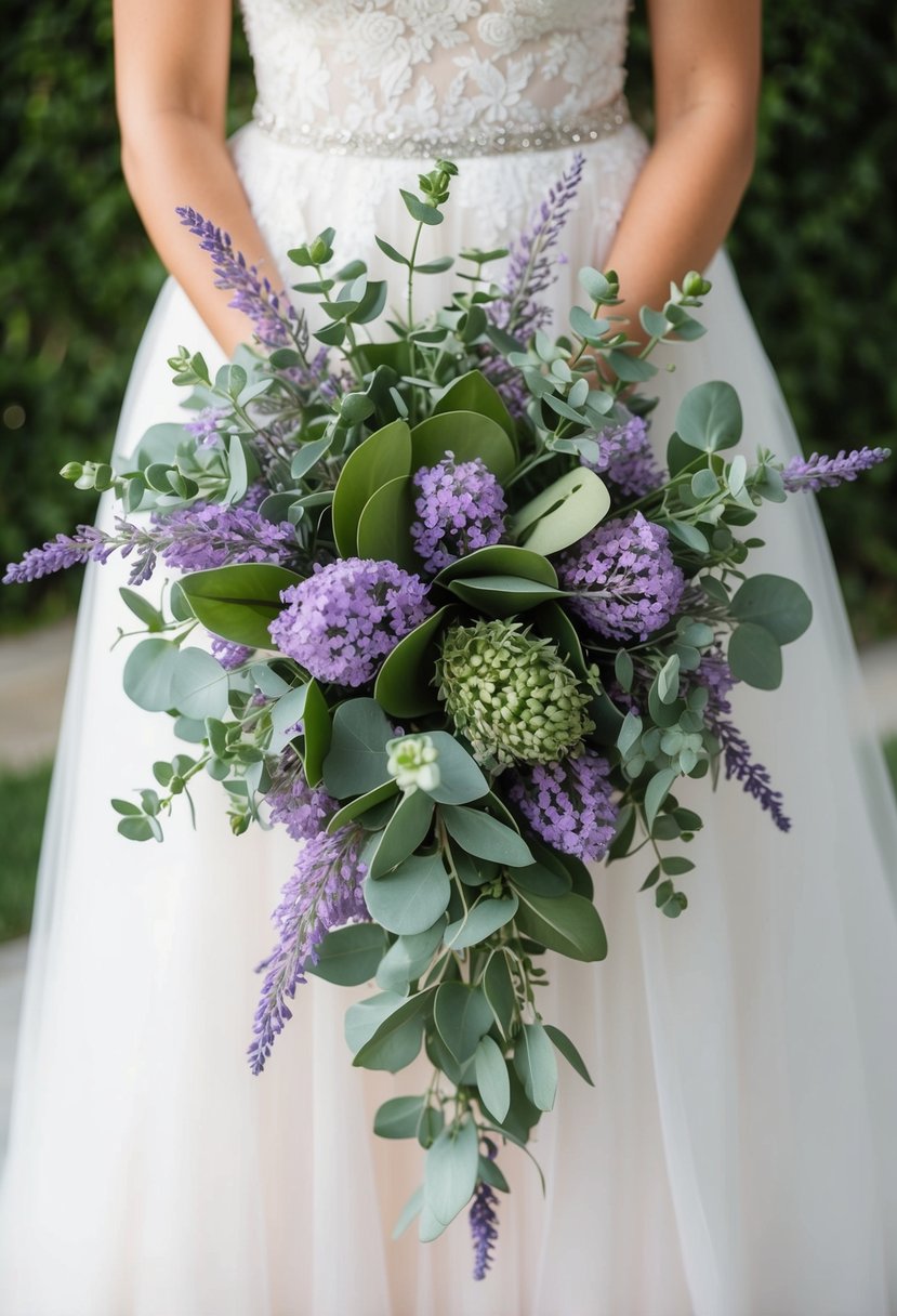 A lush bridal bouquet of artificial lavender and greenery, arranged in a delicate, cascading style