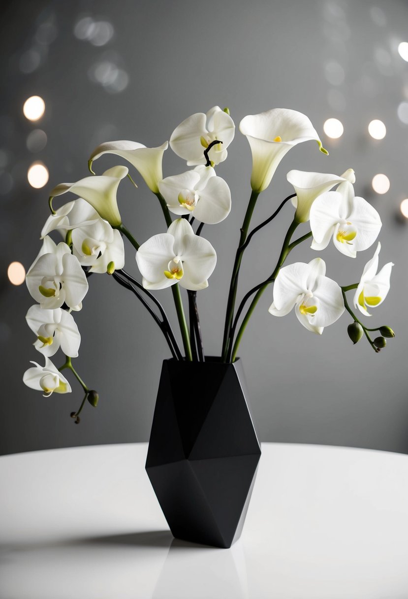 A simple, monochromatic bouquet of calla lilies and orchids in a sleek, geometric vase