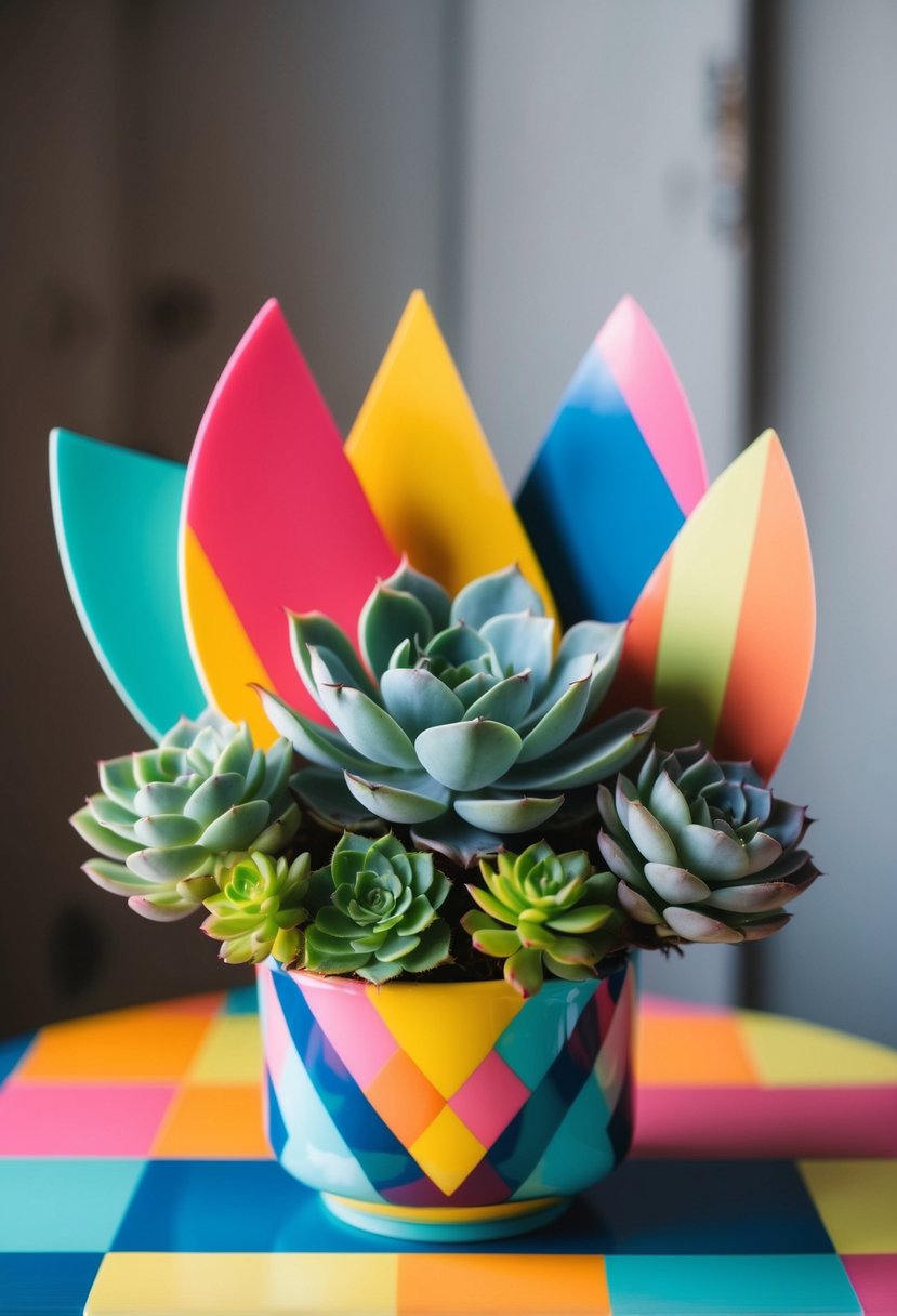 A vibrant succulent arrangement in a retro 80s color palette, featuring bold geometric shapes and playful patterns