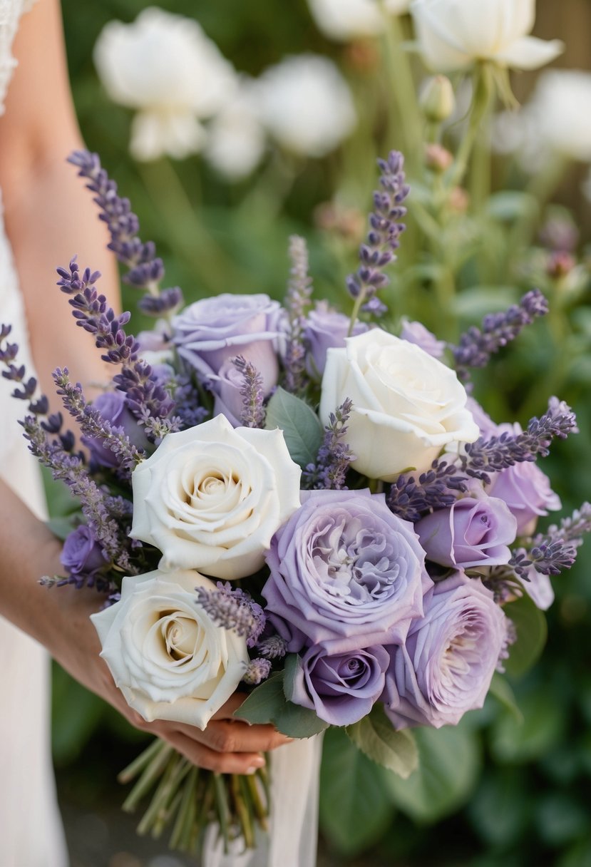 A delicate mix of lavender and garden roses arranged in a bridal bouquet