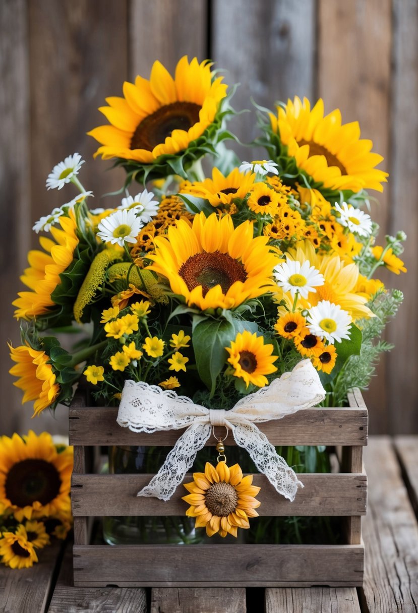 A vintage wooden crate filled with vibrant sunflowers, daisies, and wildflowers, tied with a lace ribbon and adorned with a rustic sunflower charm