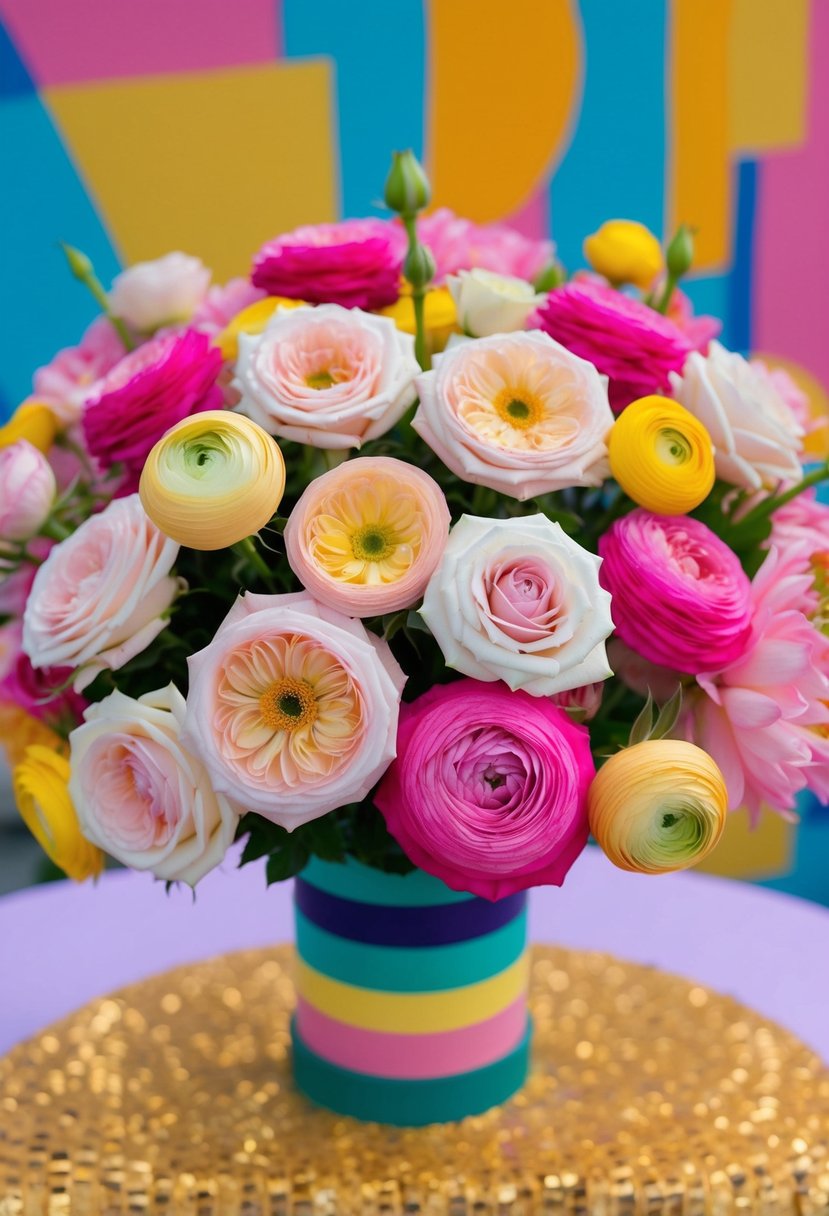 A vibrant bouquet of soft pastel roses and ranunculus, arranged in an 80s-inspired style with bold, contrasting colors and playful textures