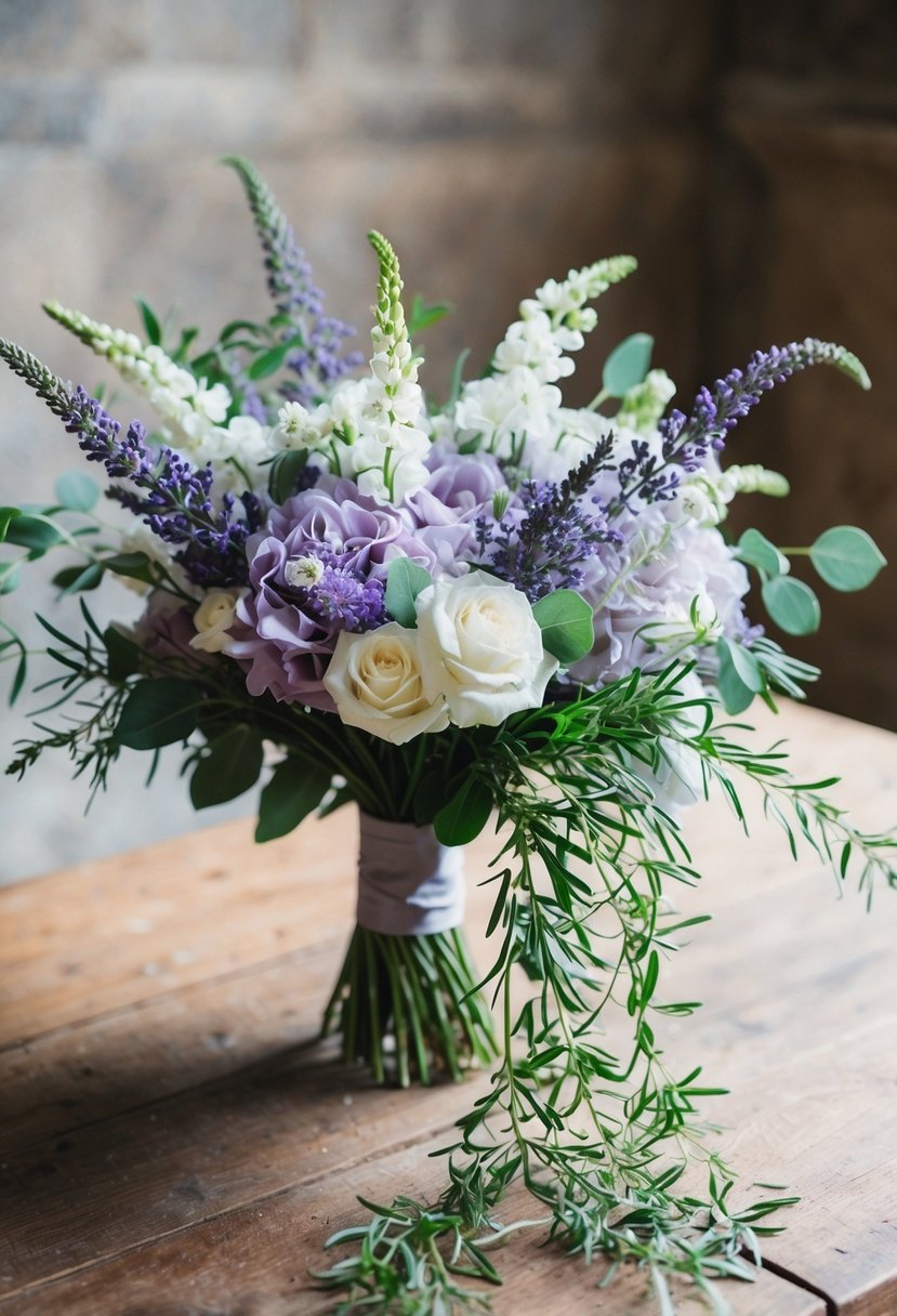 A delicate lavender and white wedding bouquet, featuring ethereal blooms and cascading greenery, rests on a rustic wooden table