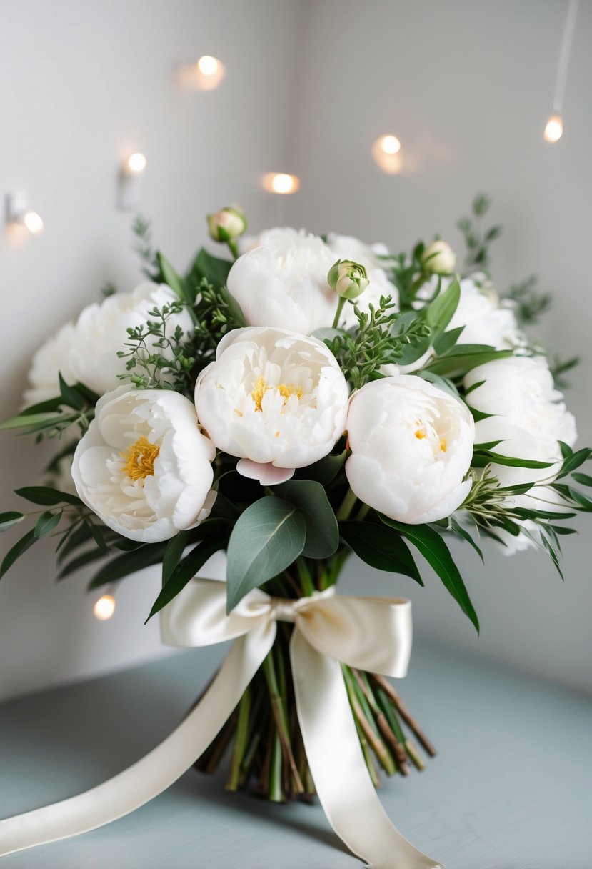 A vintage-inspired bouquet of elegant white peonies tied with a satin ribbon, accented with delicate greenery