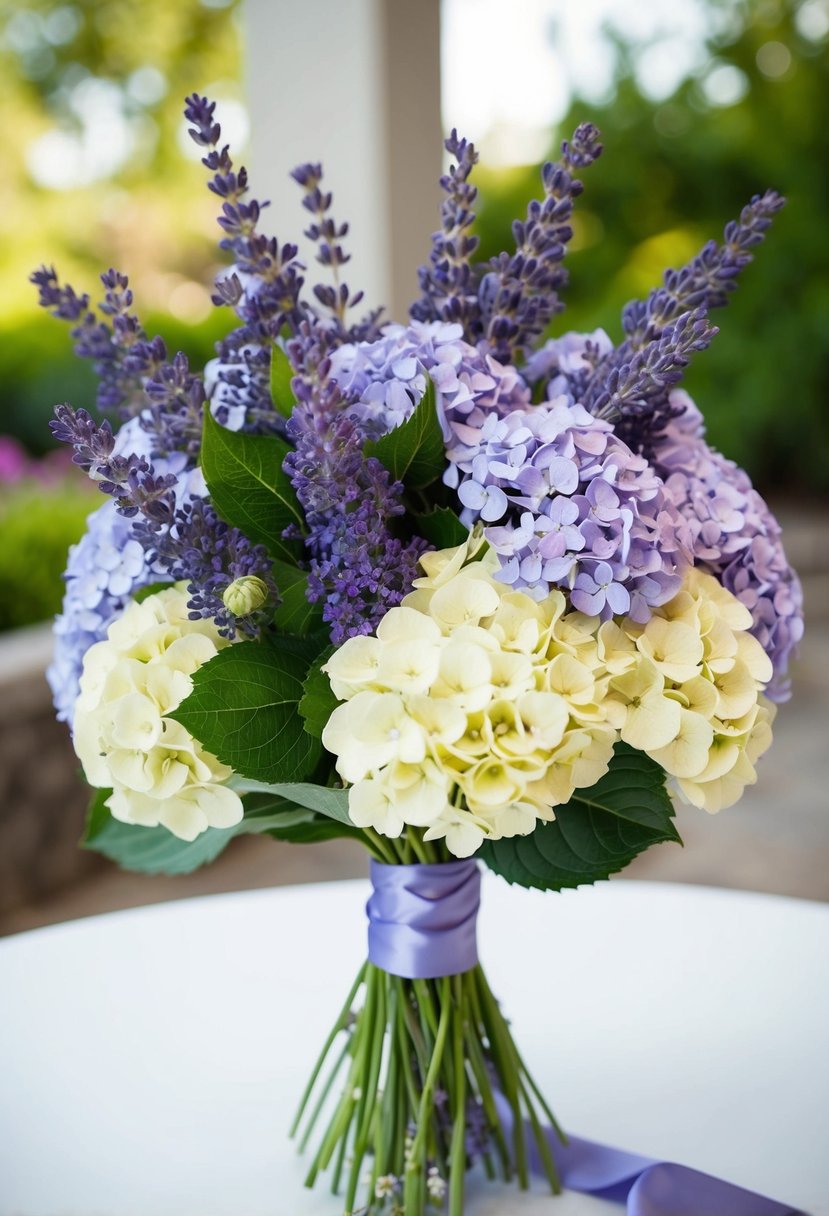 A lush bouquet of lavender and hydrangeas tied with a satin ribbon