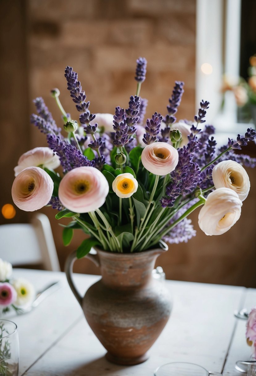 A beautiful lavender and ranunculus bouquet arranged in a rustic vase