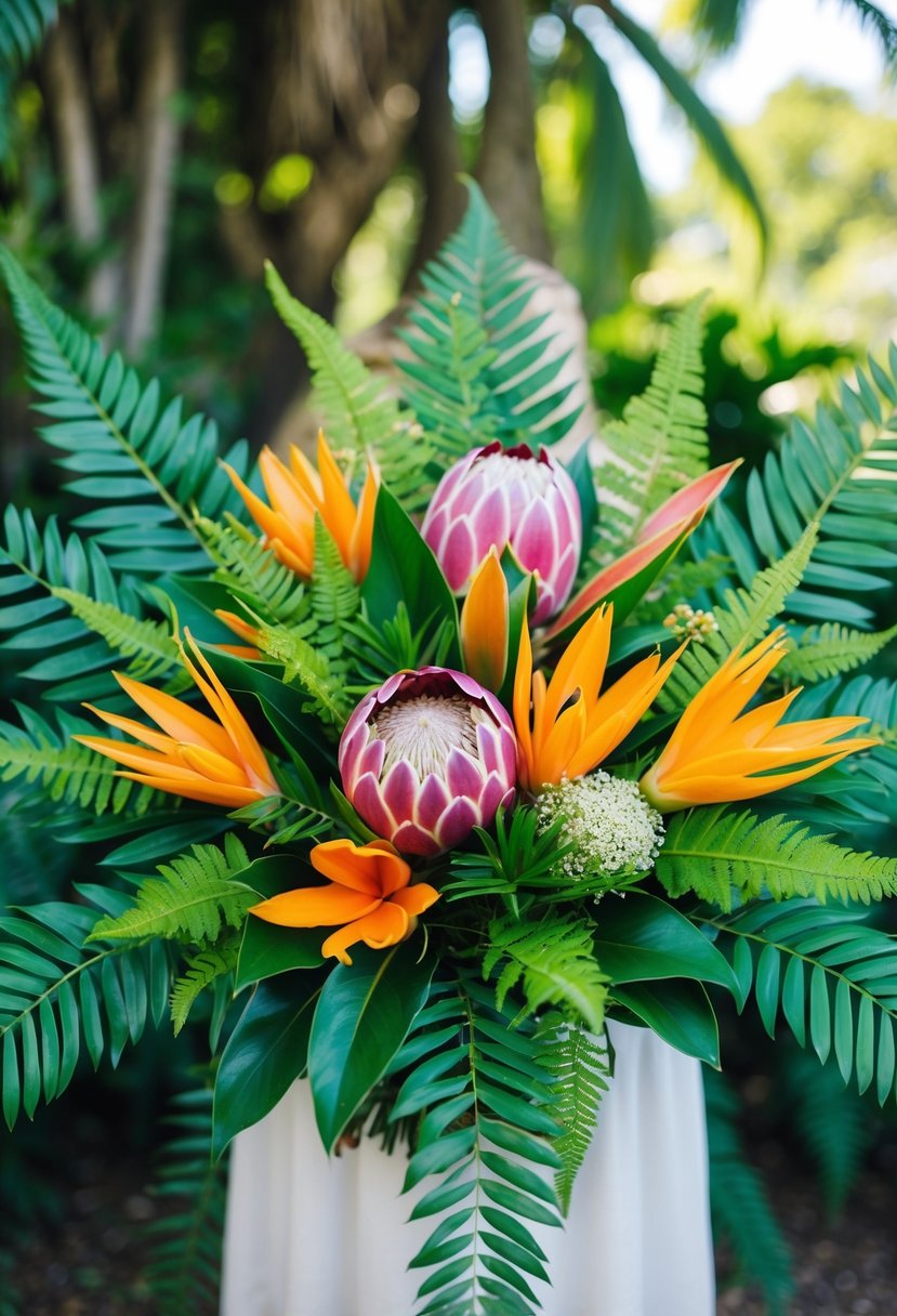 A vibrant mix of tropical protea and lush ferns arranged in a colorful 80s-inspired wedding bouquet