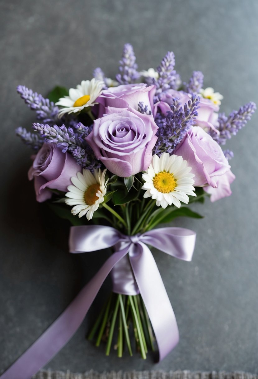 A bouquet of lavender-hued flowers, including delicate roses and daisies, tied together with a satin ribbon