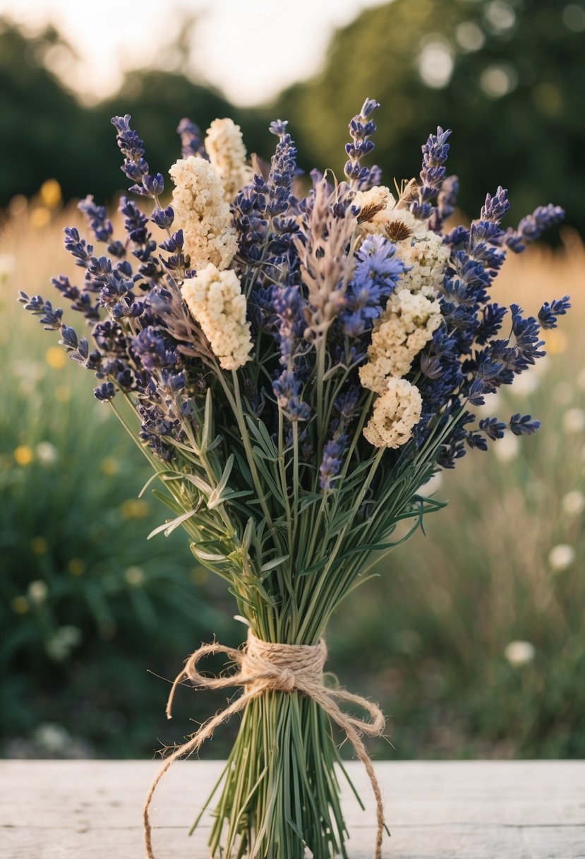 A rustic bouquet of dried lavender and wildflowers tied with twine