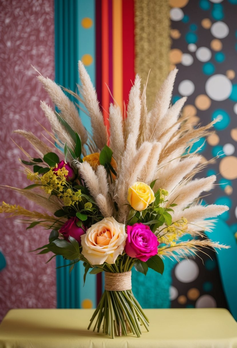 A vibrant bouquet of pampas grass and roses, styled with a boho 80s flair, set against a backdrop of retro patterns and textures