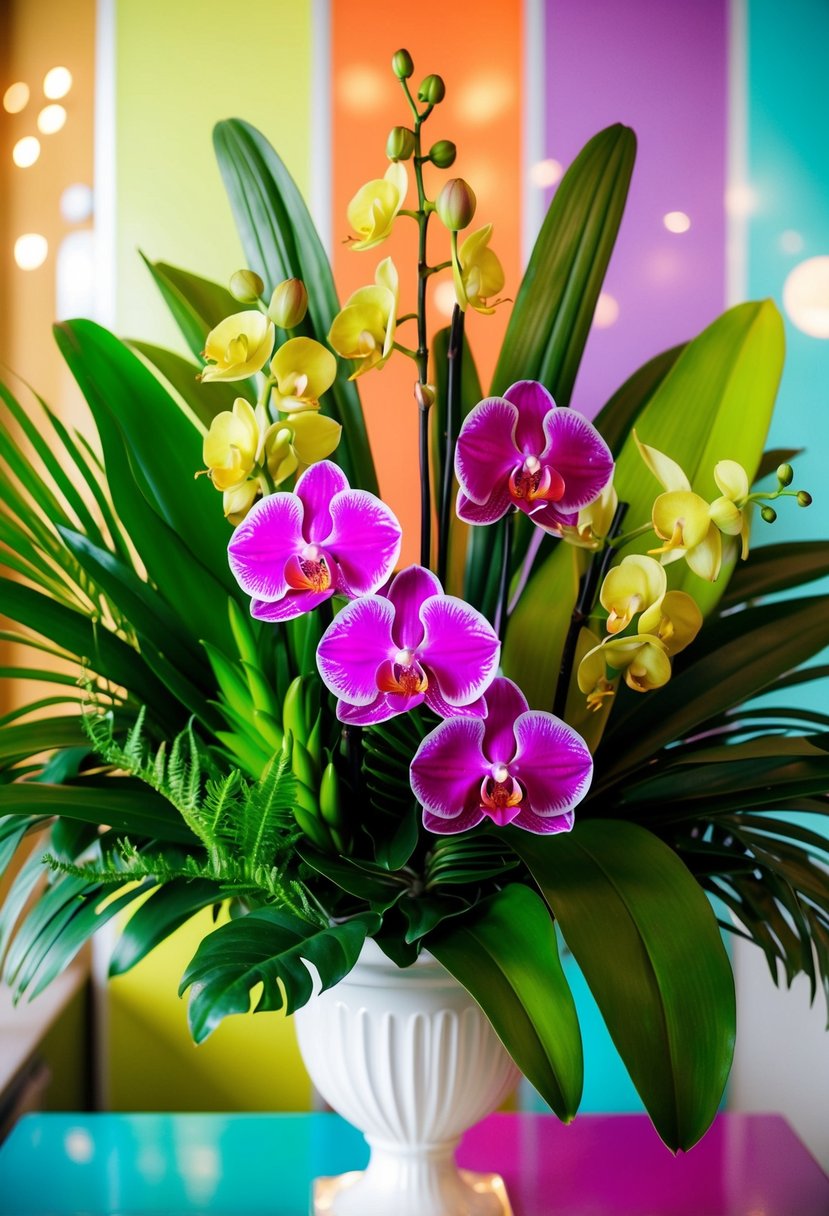 A vibrant bouquet of tropical orchids and lush greenery, arranged in a 1960s-inspired style with a retro color palette