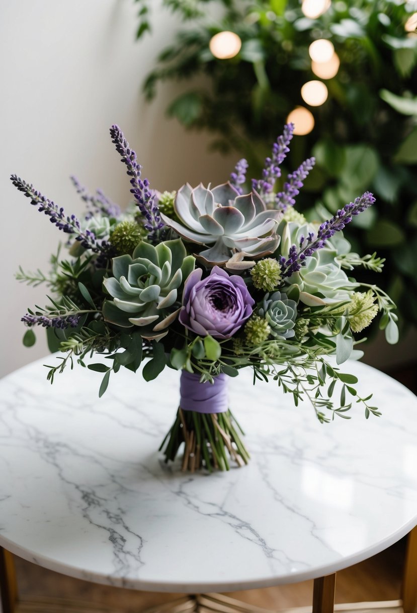 A modern lavender and succulent blend wedding bouquet sits on a white marble table, surrounded by soft natural light and greenery