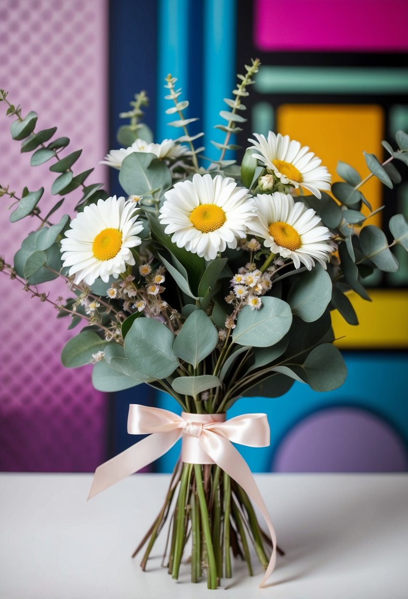 A delicate bouquet of daisies and eucalyptus tied with a pastel ribbon, set against a backdrop of 80s-inspired patterns and colors