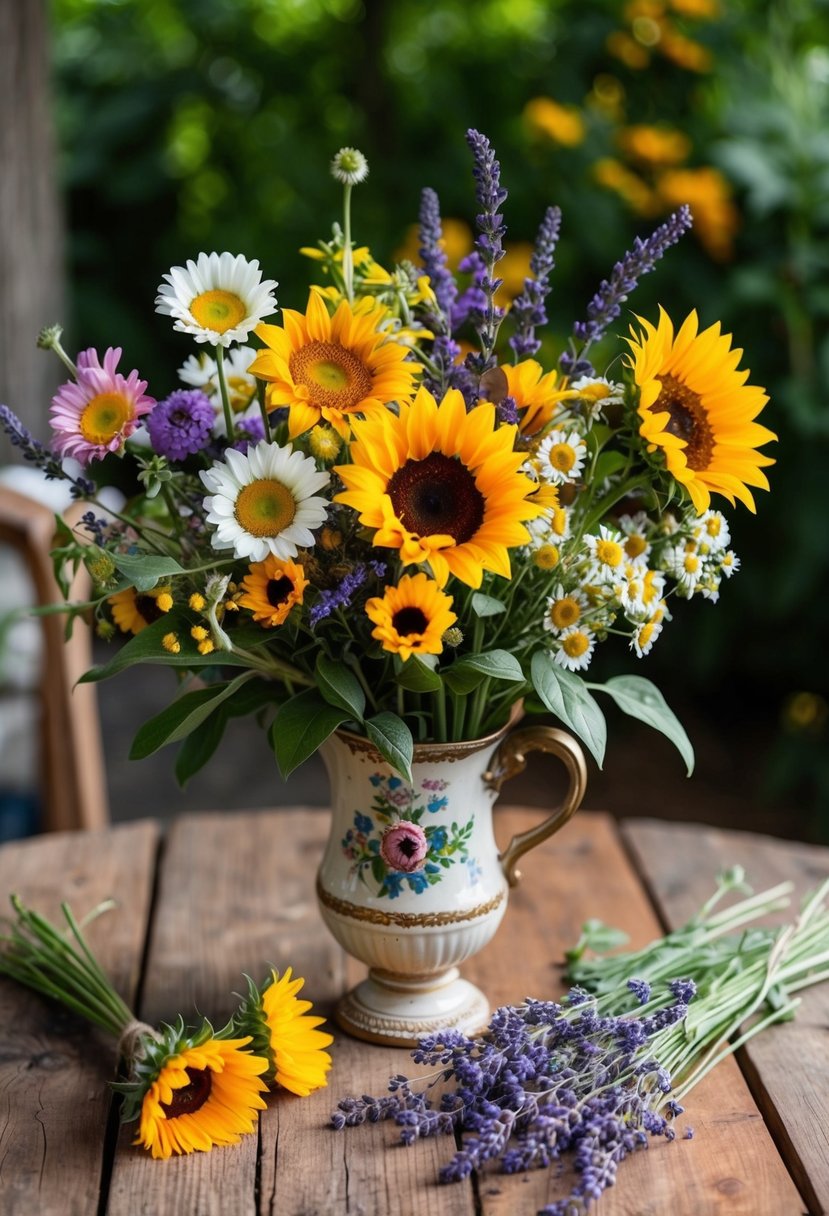 A rustic wooden table adorned with a colorful array of freshly picked wildflowers, including daisies, sunflowers, and lavender, arranged in a vintage-inspired vase