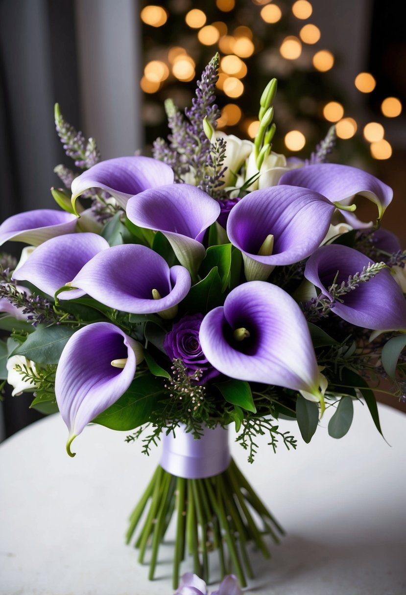 A lush bouquet of lavender and purple calla lilies, accented with delicate greenery and tied with a satin ribbon