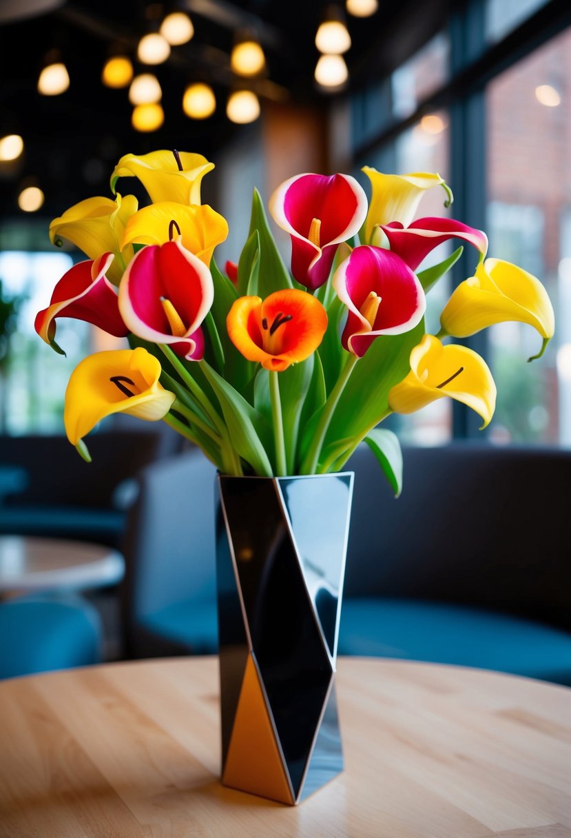 A vibrant bouquet of modern calla lilies and tulips in bold 80s colors, arranged in a sleek and geometric vase