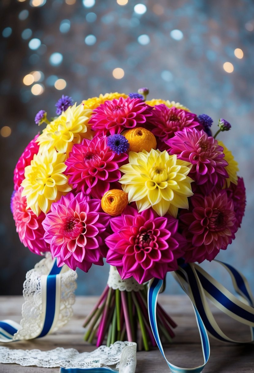 A vibrant bouquet of dahlia flowers in retro 60s style, with bold colors and geometric shapes, accented with vintage ribbon and lace