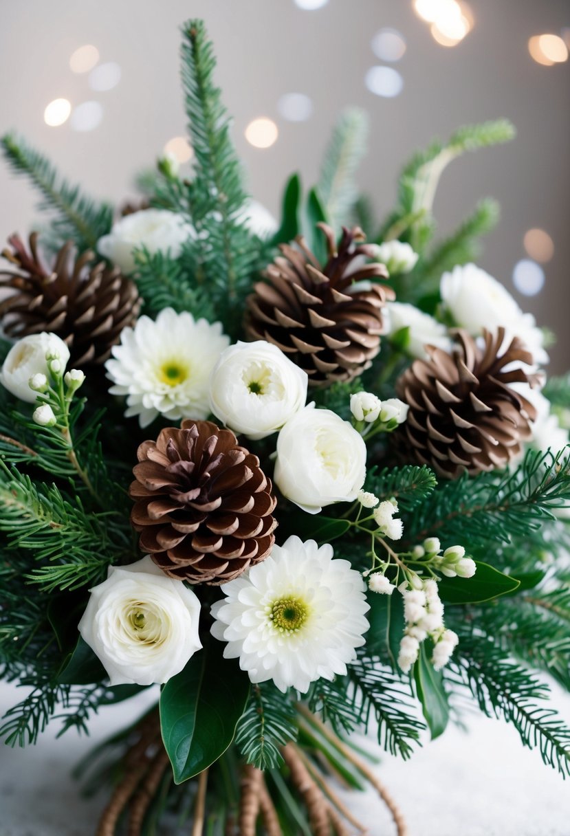 A bouquet of winter pinecones and white blooms arranged in an 80s style, with a mix of greenery and delicate flowers