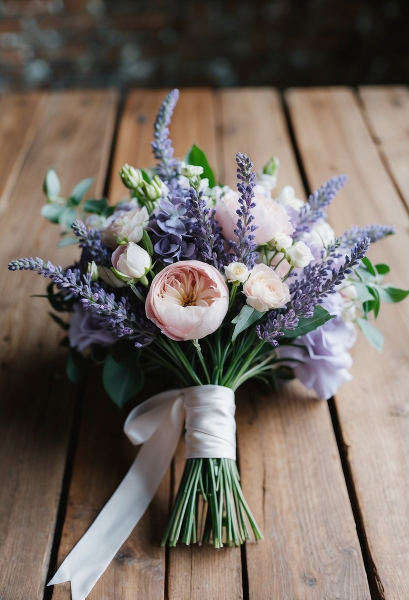 A delicate lavender and blush floral wedding bouquet, hand-tied with ribbon, set against a rustic wooden table