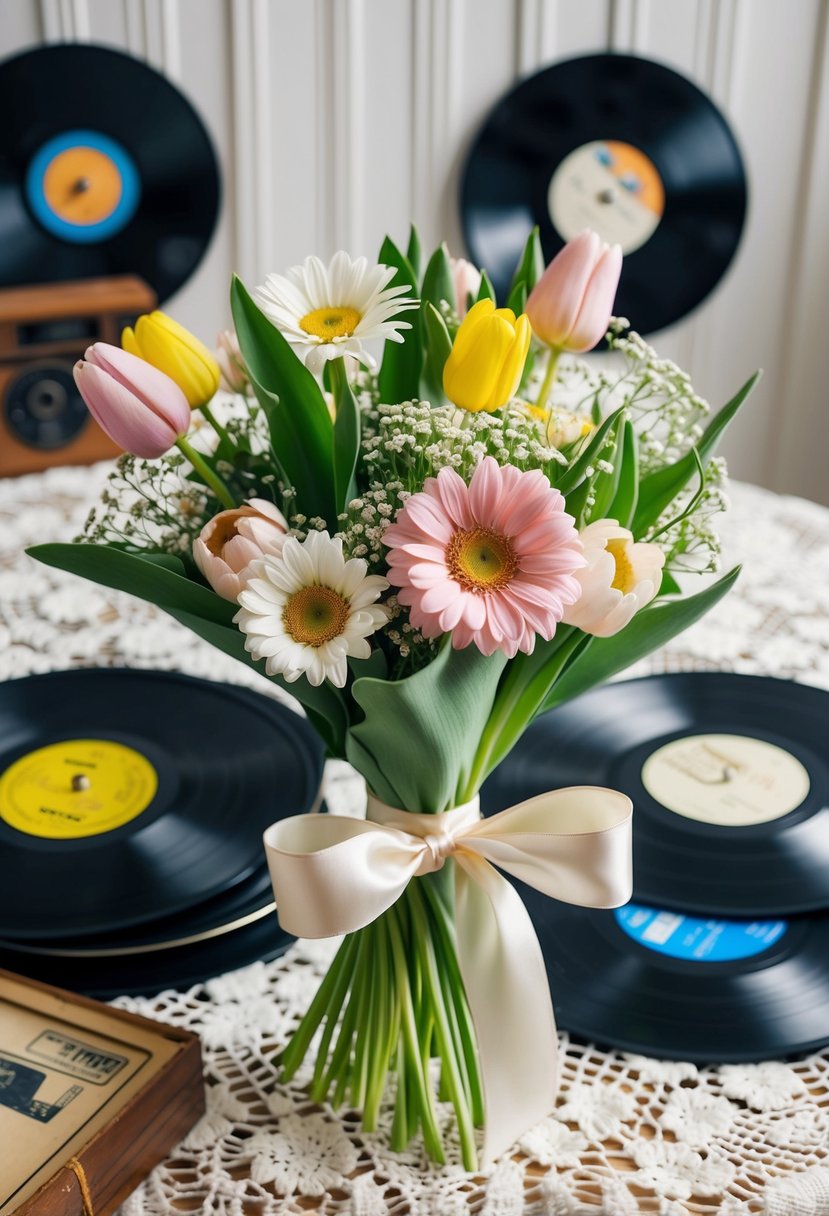 A pastel bouquet of daisies, tulips, and baby's breath tied with a satin ribbon, surrounded by vintage vinyl records and a retro lace tablecloth