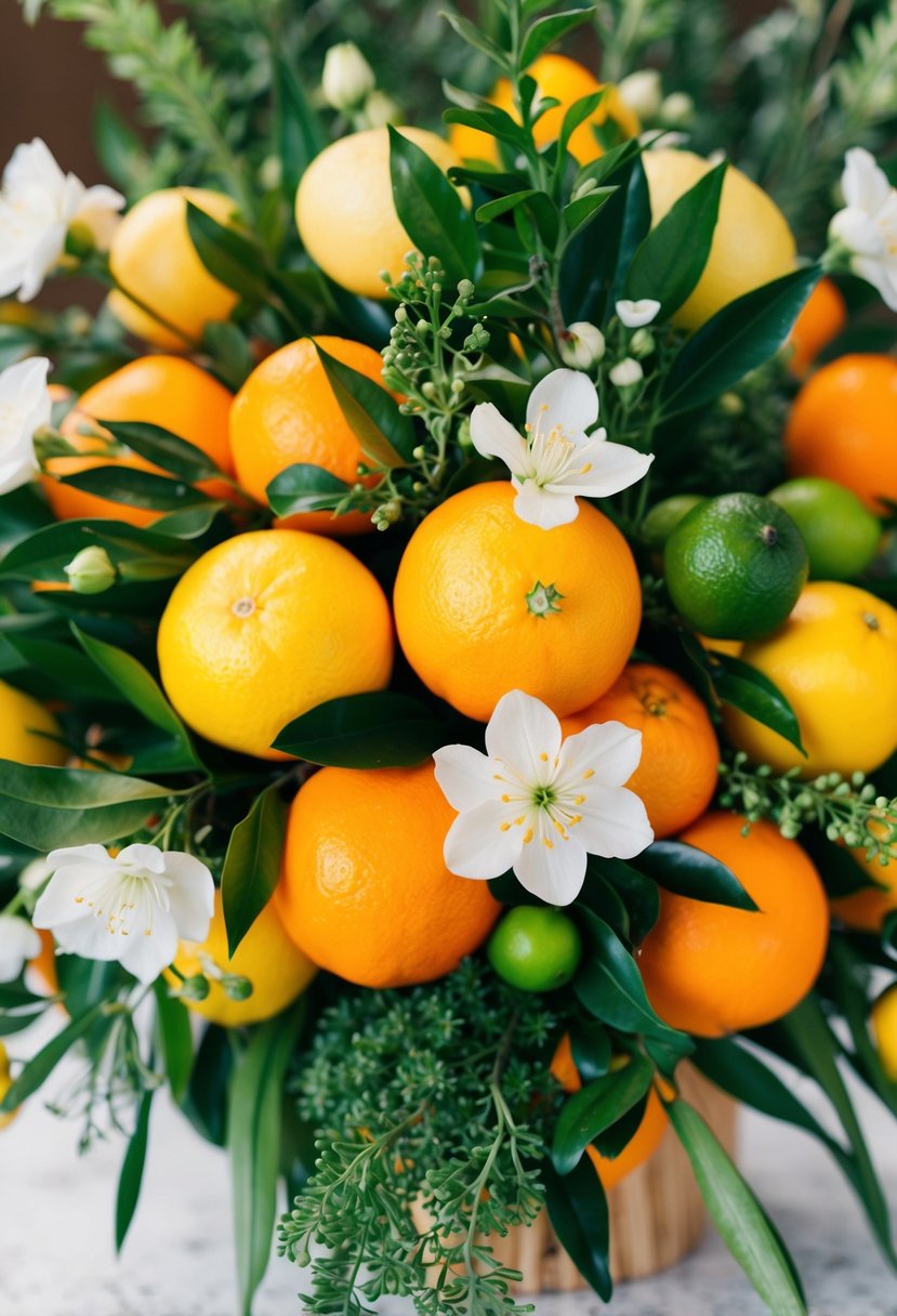 A vibrant bouquet of citrus fruits, including lemons and oranges, intertwined with lush greenery and delicate white flowers