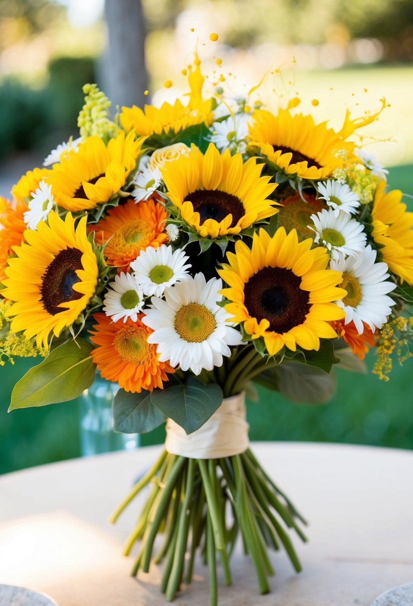 A vibrant 1960s wedding bouquet with sunflowers, daisies, and splashes of sunny yellow and bright orange