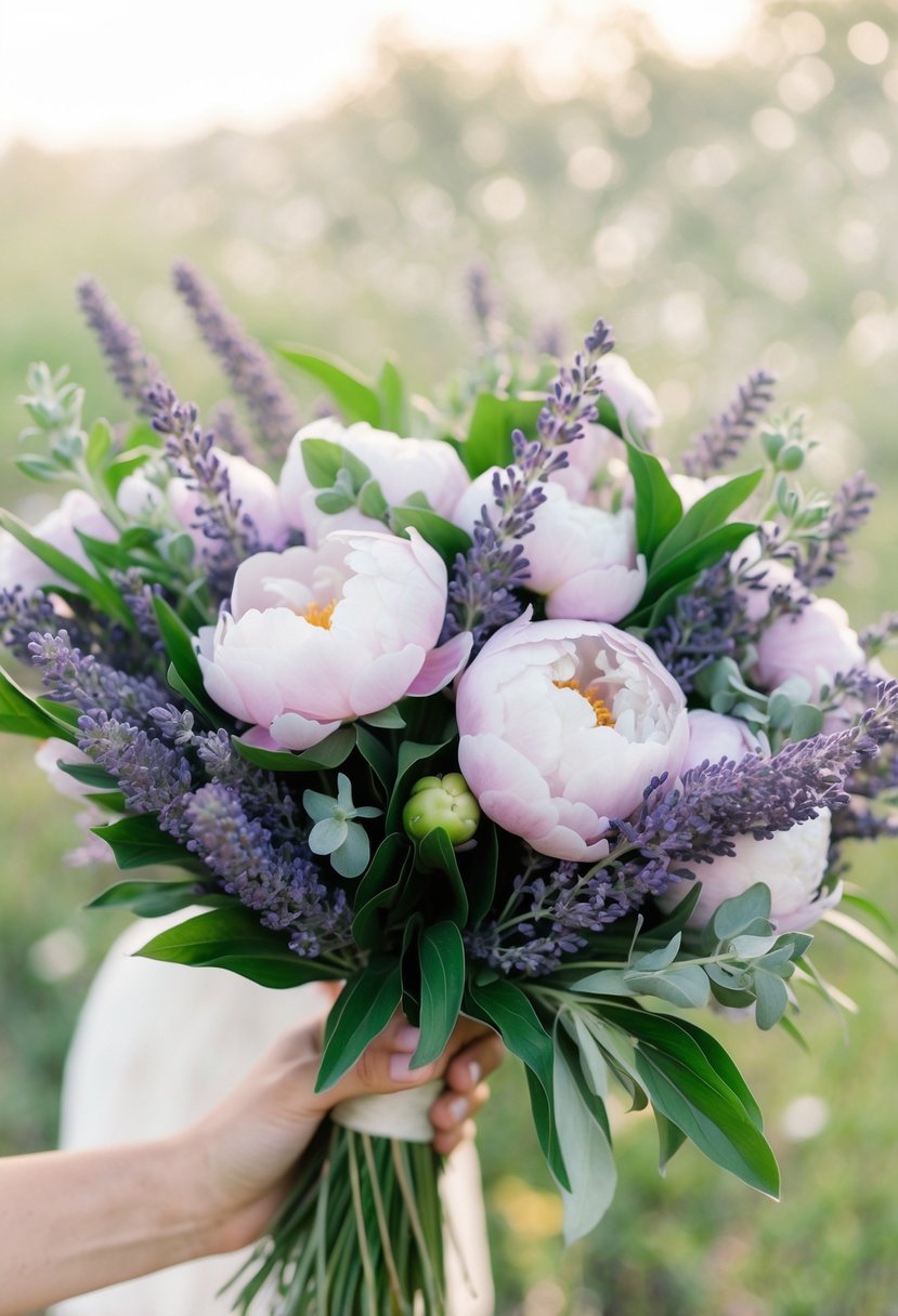 A lush lavender and peony bouquet, with delicate petals and greenery, set against a soft, dreamy background