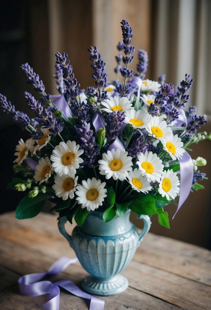 A lush lavender and daisy bouquet with delicate ribbons, nestled in a vintage-inspired vase