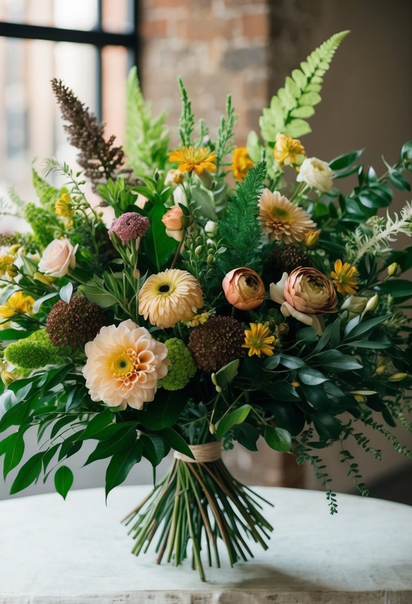 A lush bouquet of vintage-inspired flowers and foliage arranged in a stylish 1960s fashion