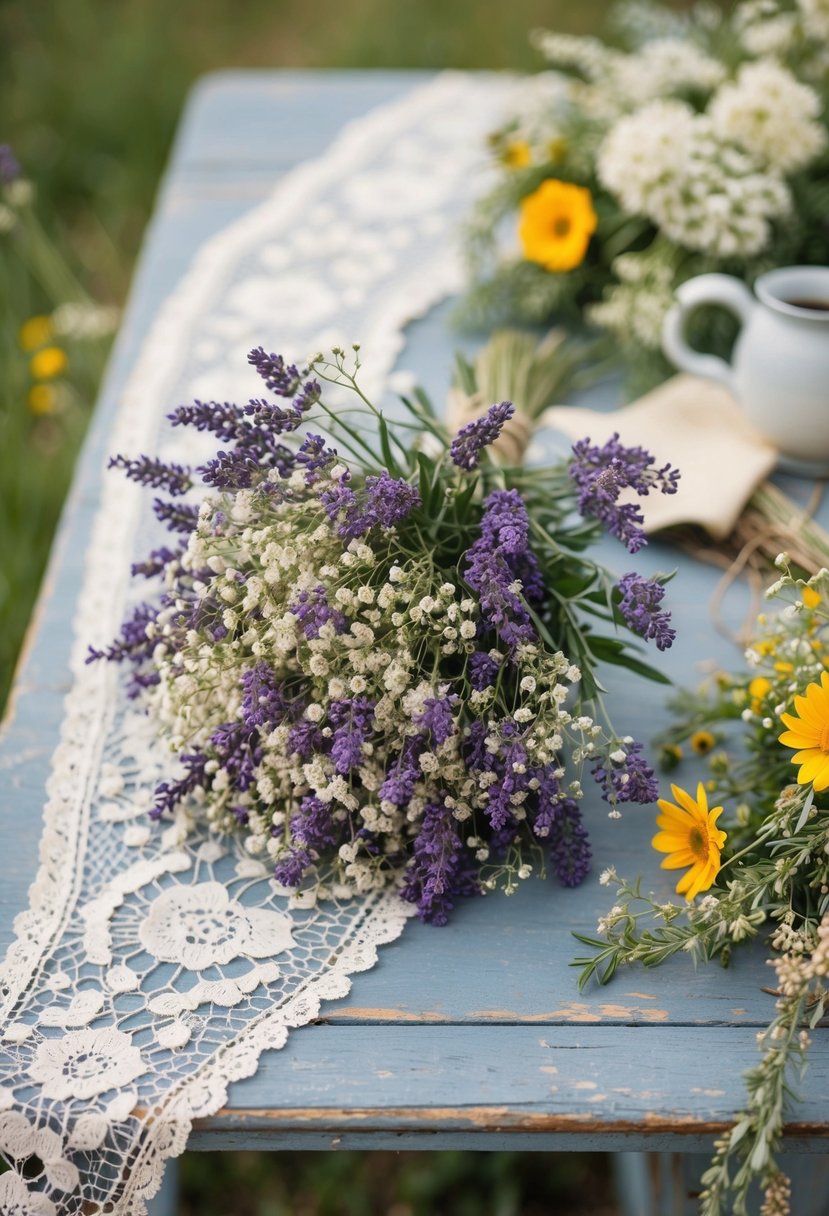 A rustic lavender and baby's breath bouquet sits on a weathered wooden table, surrounded by vintage lace and wildflowers