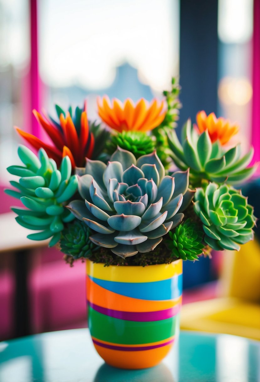 A retro-inspired succulent bouquet with vibrant colors and funky shapes, reminiscent of 1960s style