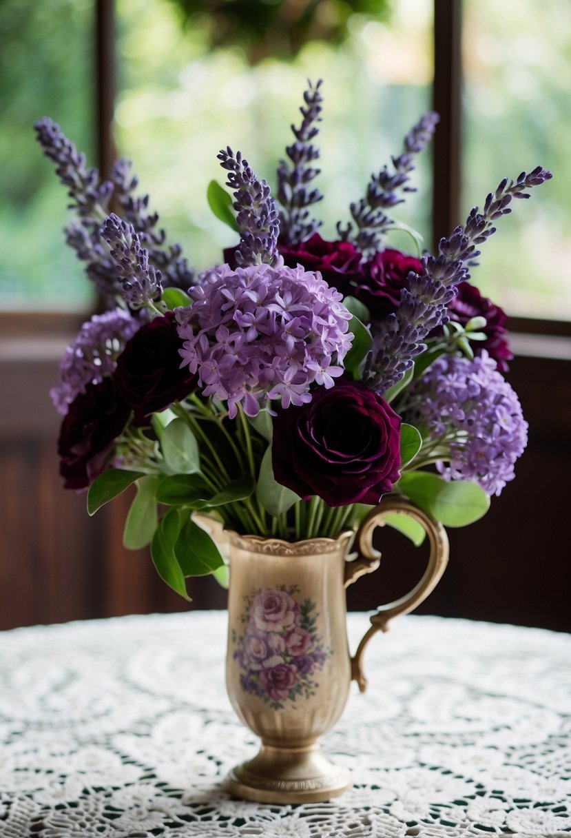 A delicate lavender and burgundy bouquet arranged in a vintage vase on a lace-covered table