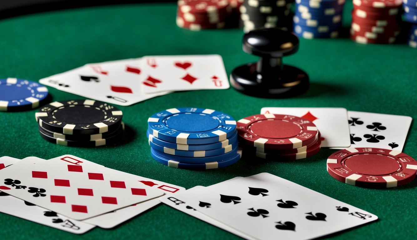 Sekelompok chip poker dan kartu bermain tersebar di atas meja felt hijau, dengan tombol dealer dan tumpukan chip di latar belakang