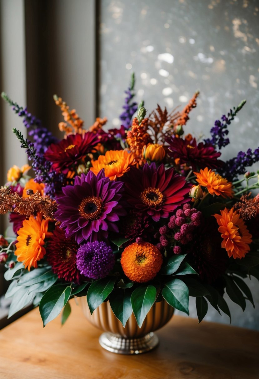 A vintage 60s style arrangement of jewel-toned autumn flowers