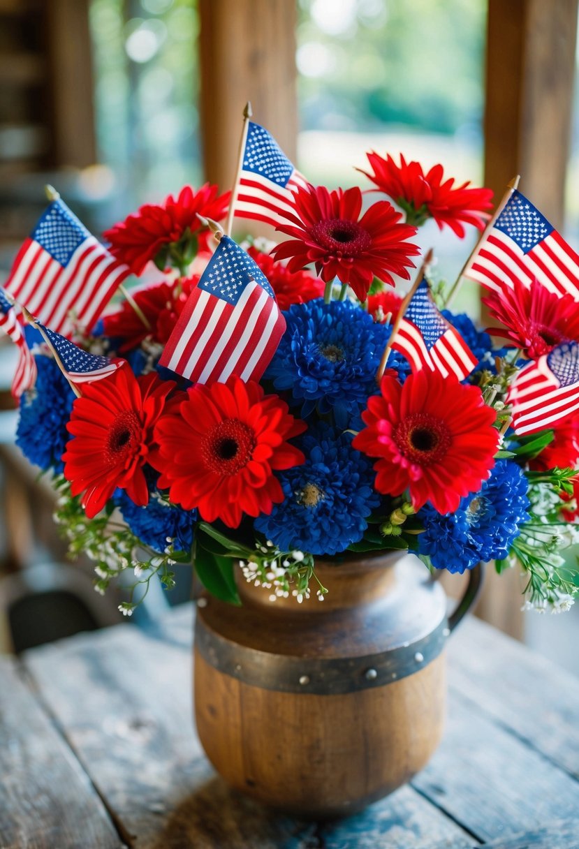 A vibrant bouquet of red, white, and blue flowers arranged in a rustic wooden vase, with small American flags tucked in among the blooms