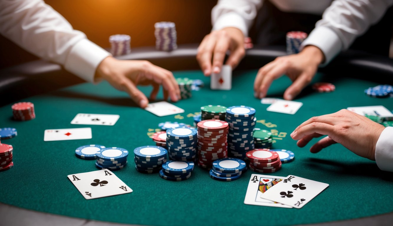 Sekelompok chip poker dan kartu berserakan di atas meja felt hijau, dengan tangan para pemain menjangkau untuk memasang taruhan dan mengungkapkan kartu mereka.